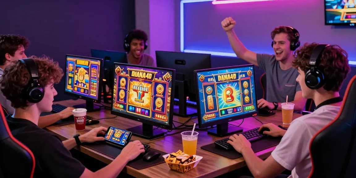 Pengguna DIANA4D menikmati permainan slot di perangkat modern, suasana ceria dan penuh semangat.