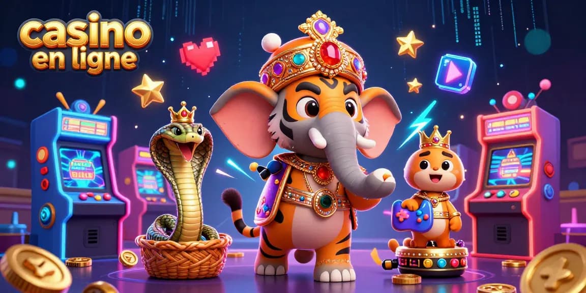 Illustration 3D dynamique de casino en ligne avec un tigre maharaja et un éléphant décoré, entouré de machines à sous et de jeux colorés.