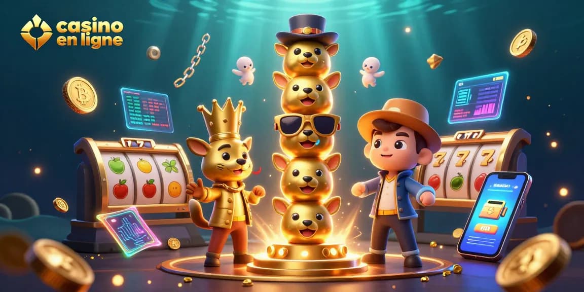 Jouer sur un casino en ligne avec un totem en or animé, symboles et pièces de crypto-monnaie.