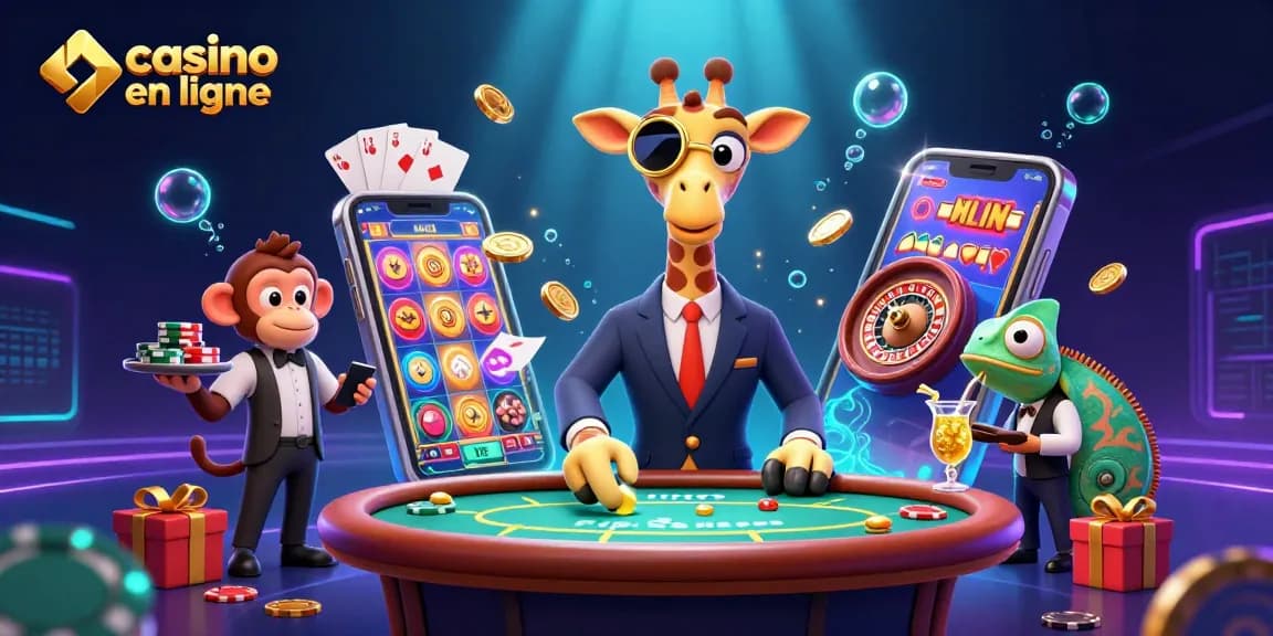 Un joueur au casino en ligne avec une girafe, un valet et un mixologue dans une scène vibrante