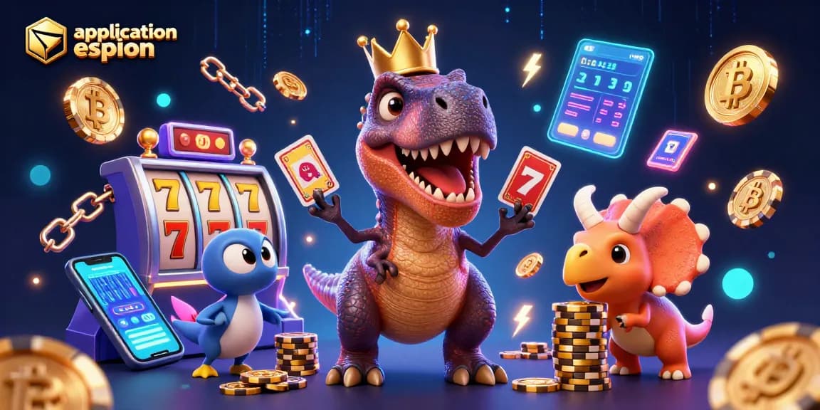 Application espion illustrée en 3D avec des personnages de casino jouant et empilant des jetons.