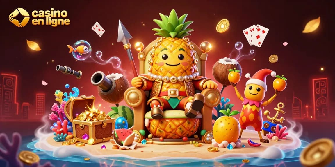 Jouez au casino en ligne avec le roi ananas magistral et ses gardes sur une plage animée.