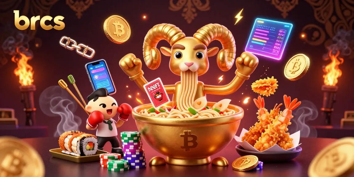 brcs showcases a dynamic casino scene with a giant ramen bowl and crypto elements, highlighting vibrant gambling action.