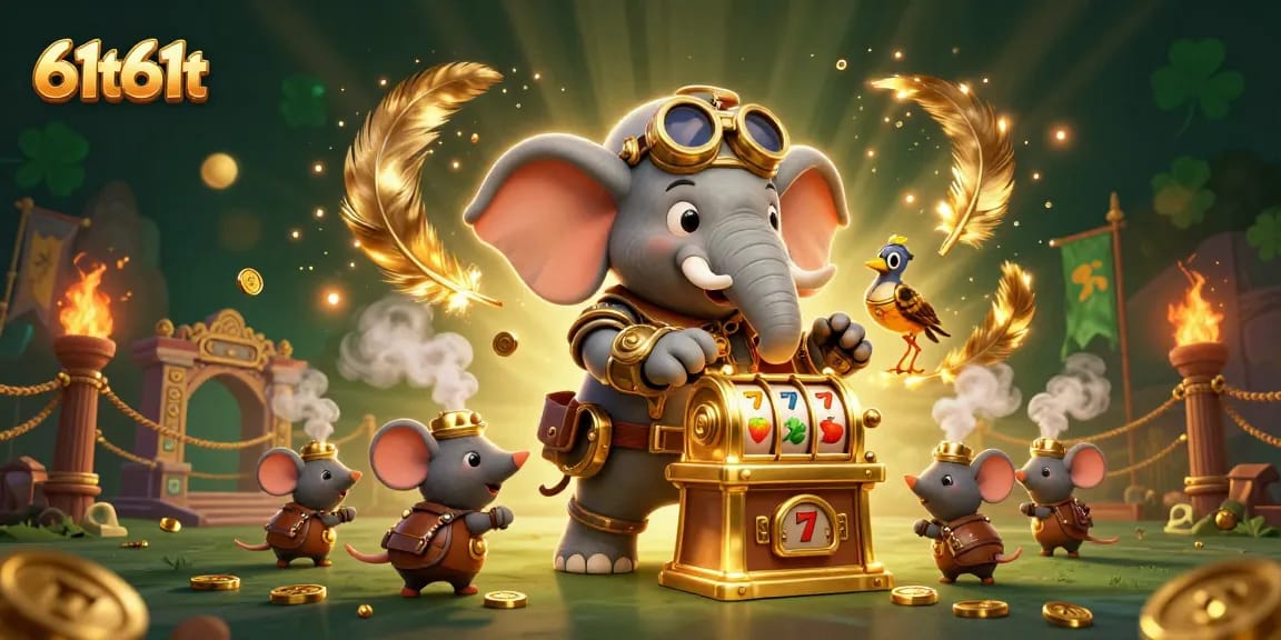 O 61t61t revela um elefante engenheiro em um cassino steampunk, acionando uma máquina caça-níqueis dourada.