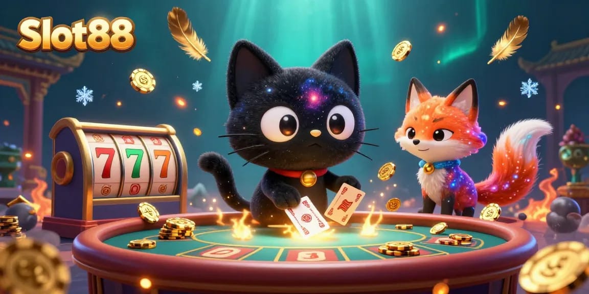 Experience Slot88 excitement with a cosmic black hole cat and nebula fox at a colorful casino table.