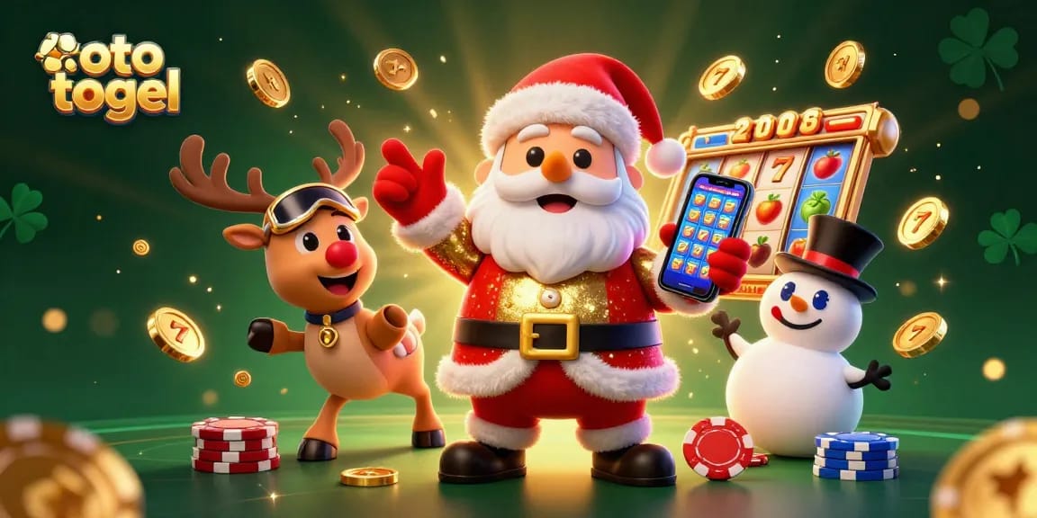 Spin the reels for toto togel excitement with Santa and friends in a vibrant 3D casino scene.