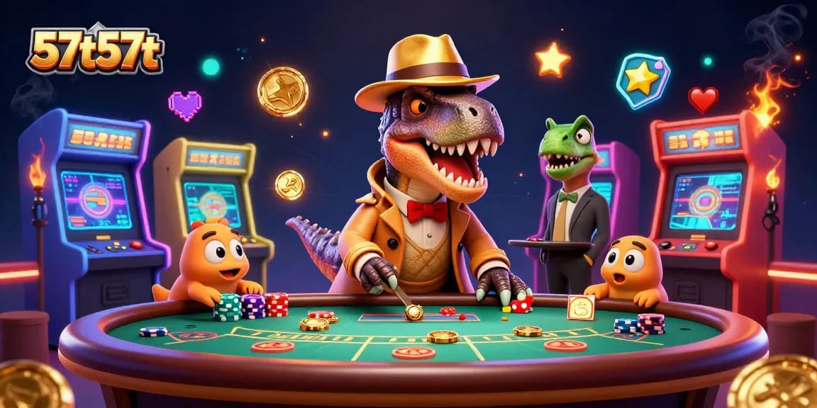 A cena vibrante de 57t57t apresenta um velociraptor em um cassino, simbolizando a diversão e as apostas.