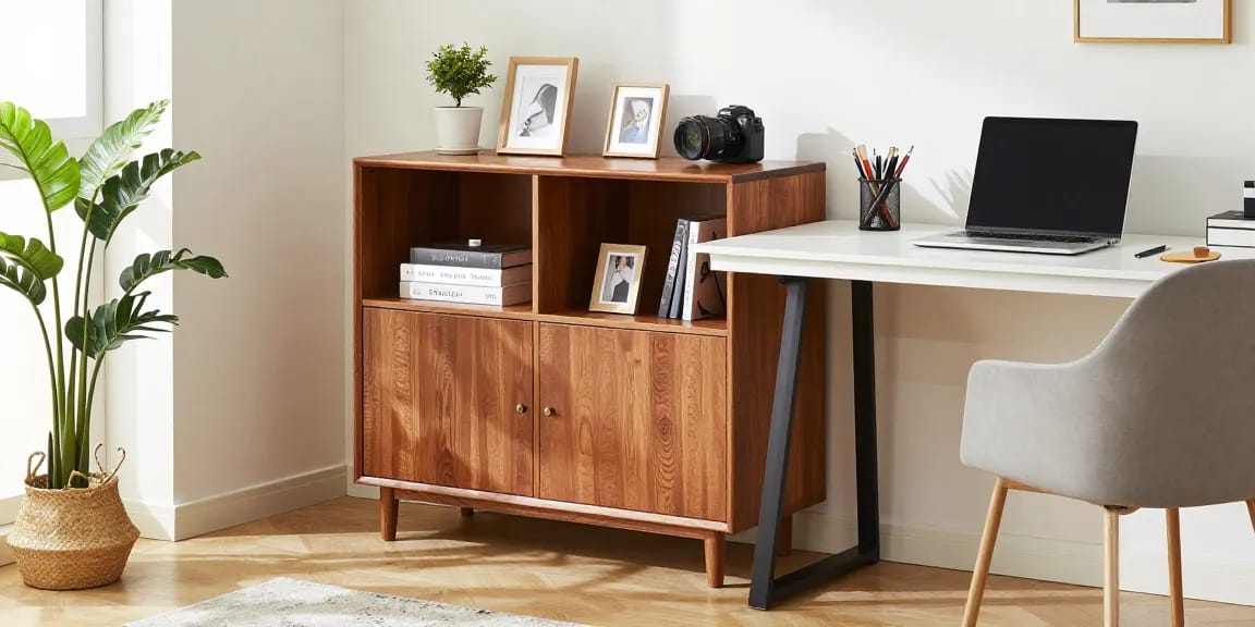 Organized home office with multifunctional storage cabinet, enhancing workspace efficiency with style.