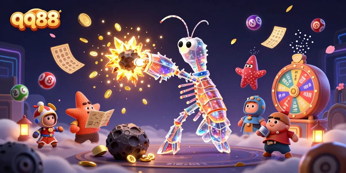 Win big at qq88 with a dynamic casino scene featuring vibrant lottery elements and a mantis shrimp hero.
