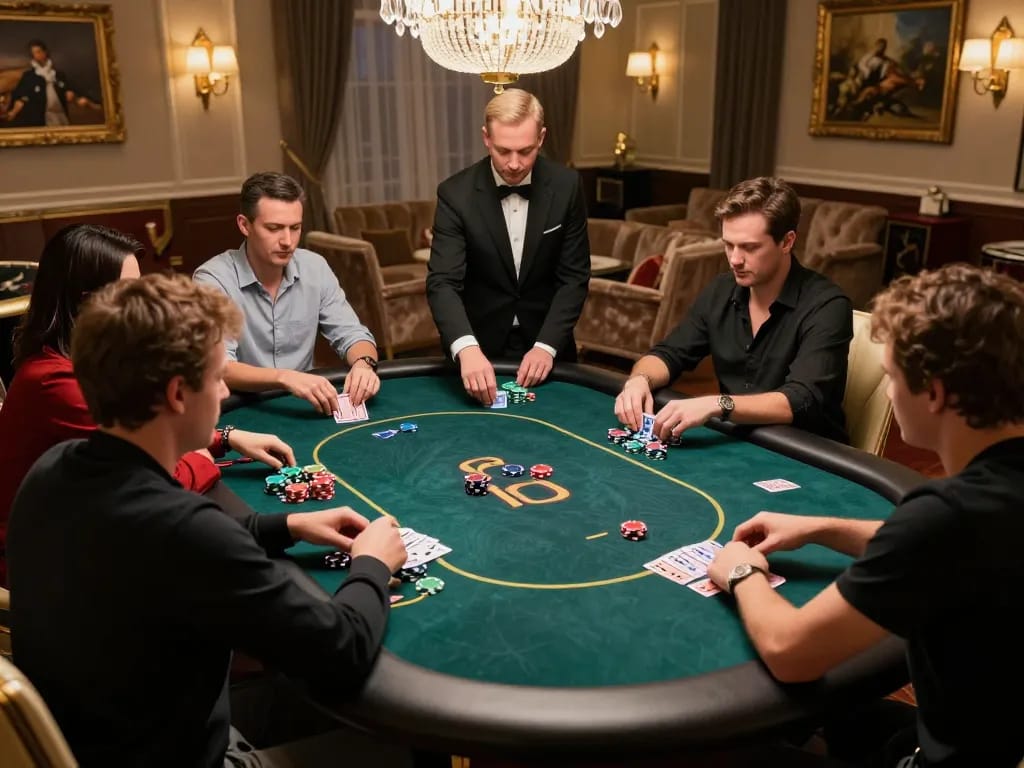 Players strategizing at a VIP poker table in an upscale setting, engaging in the gaming experience at vipwin.