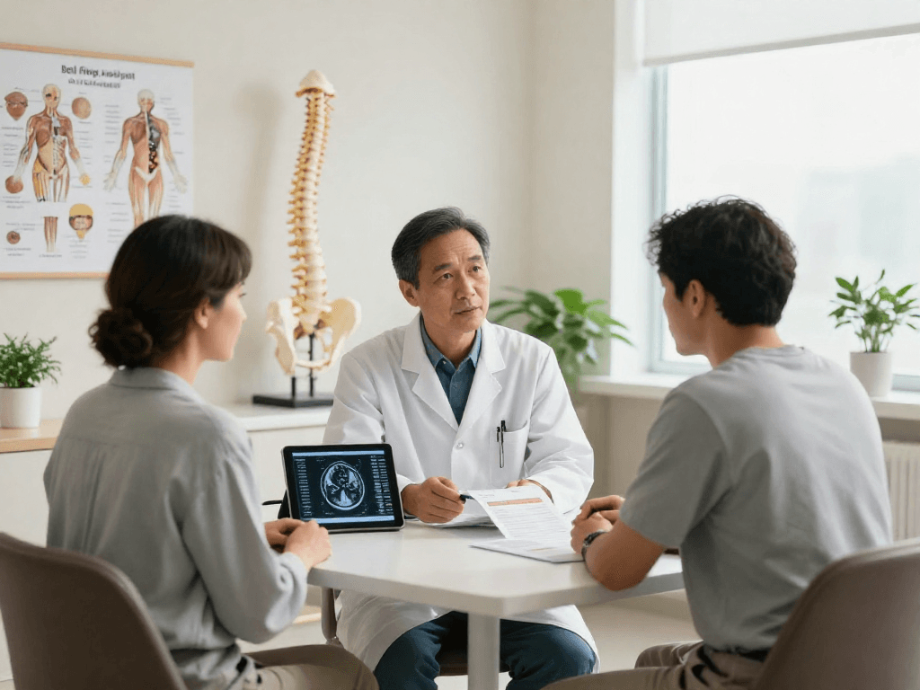 Explaining bel fıtığı ameliyatı options during a patient consultation in a modern clinic.