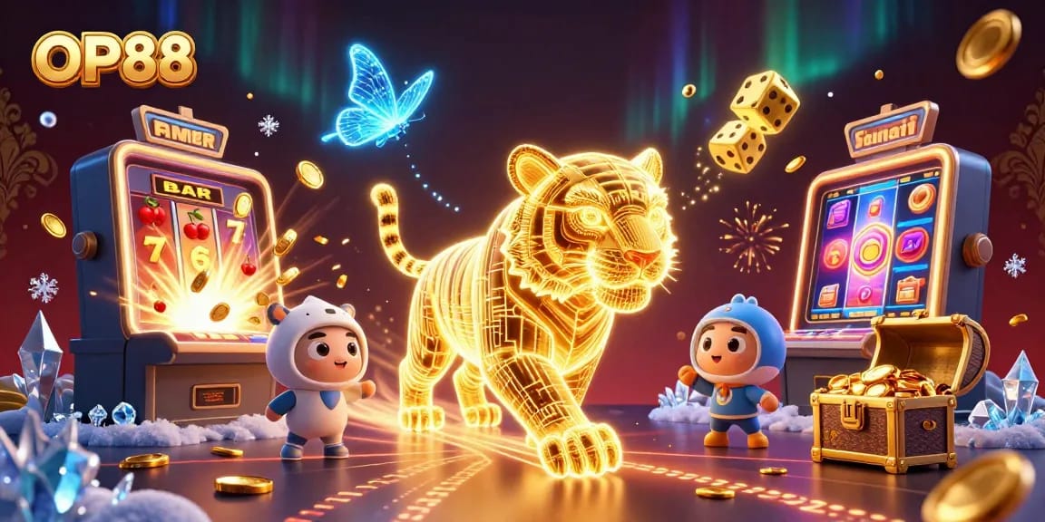 Experience OP88's thrilling casino landscape with a dynamic golden tiger and vibrant gaming elements.