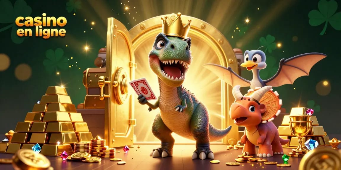 Jouez au casino en ligne avec une illustration ludique de T-Rex, Ptérodactyle et Tricératops entourés de trésors.