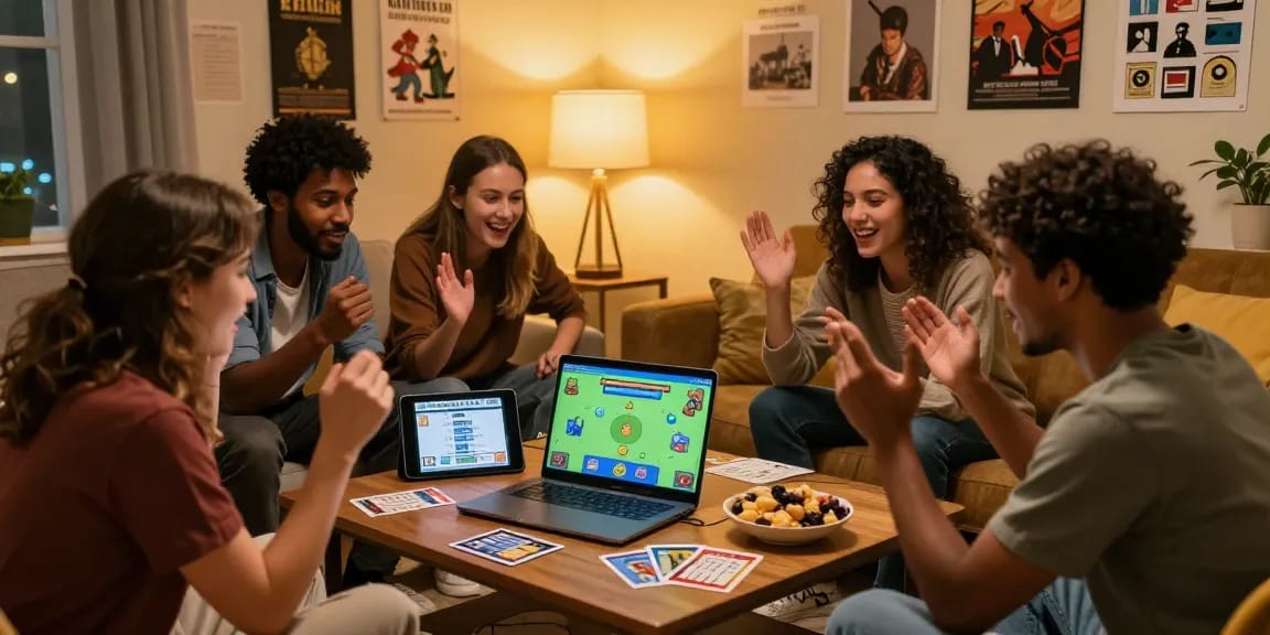 Freunde testen ihr Quiz Allgemeinwissen in einer gemütlichen Wohnzimmeratmosphäre.