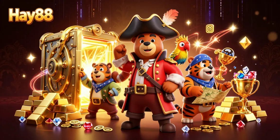Join the excitement at Hay88 with a vibrant scene of treasures and characters, enhancing the casino experience.