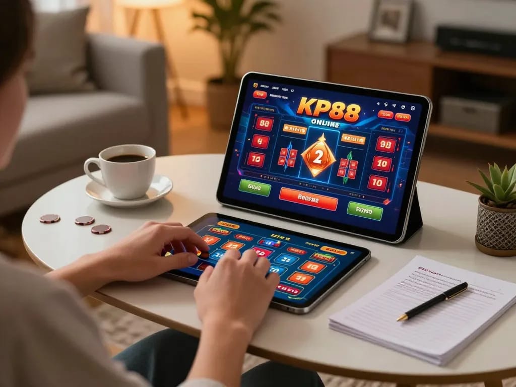 Engaging KP88 online casino gameplay at home with tablet interface and strategy notes.