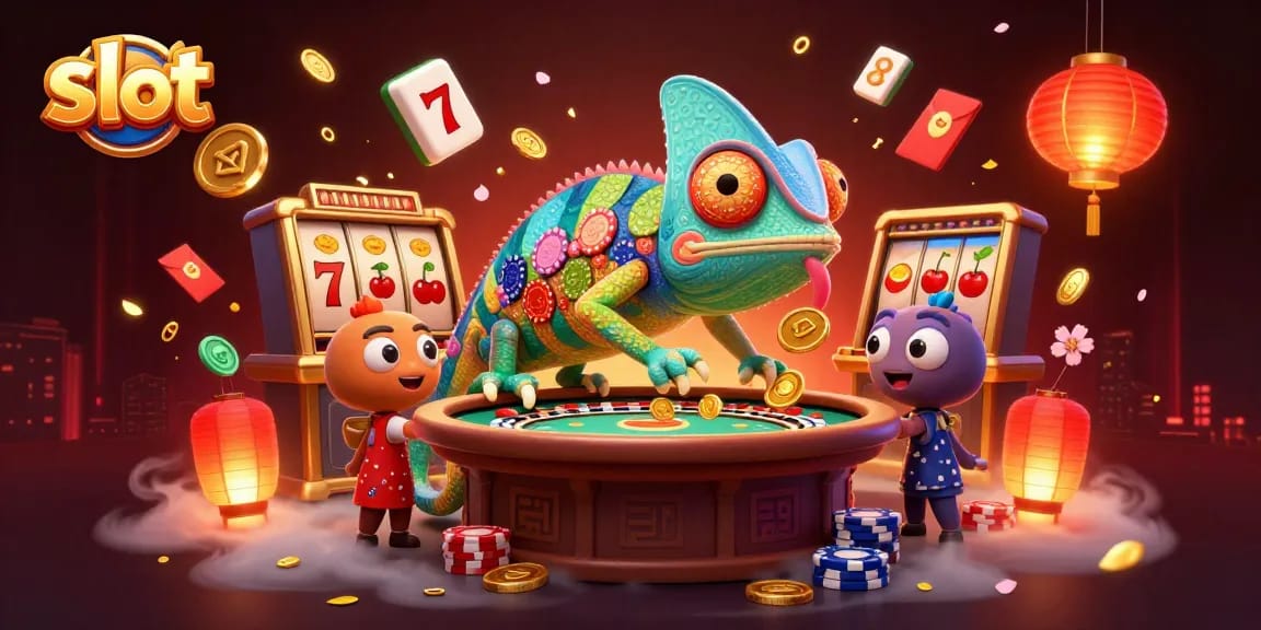 Spin the slot reels with vibrant chameleon character and dynamic casino elements in a rich illustration.