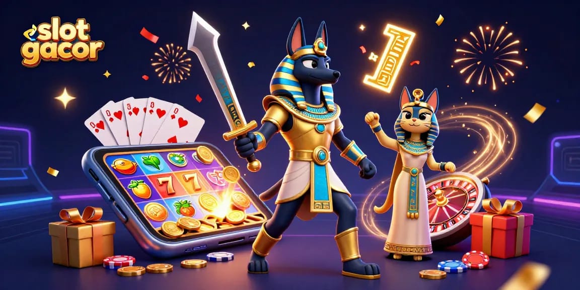 Engage in slot gacor excitement with Anubis and Bastet amidst colorful slot game action.