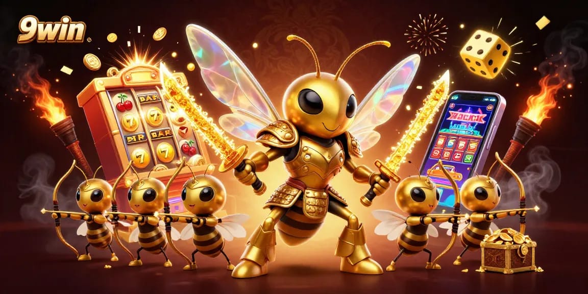 9win offers thrilling gameplay with a vibrant illustration showcasing exciting slot machine features