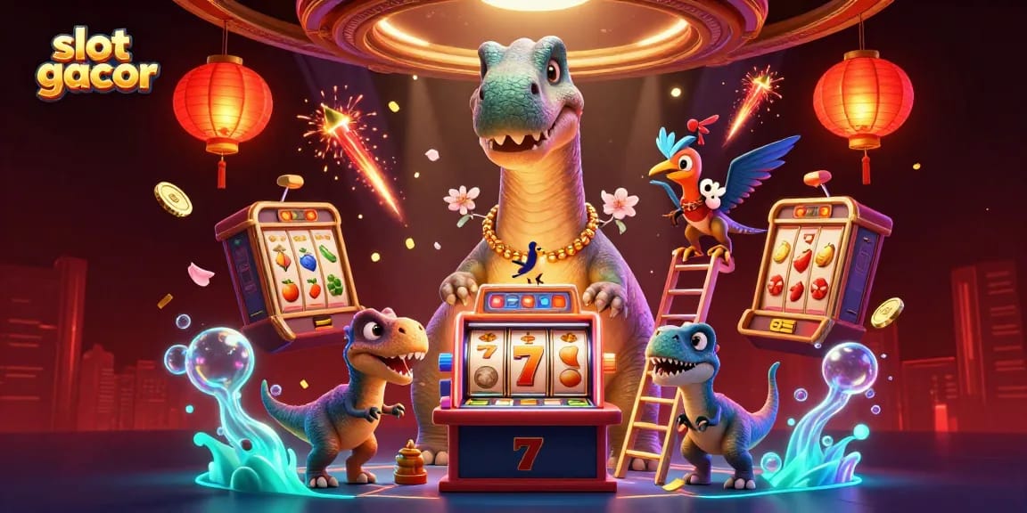 Menangkan slot gacor dengan ilustrasi kasino penuh warna yang memiliki brontosaurus dan raptor.