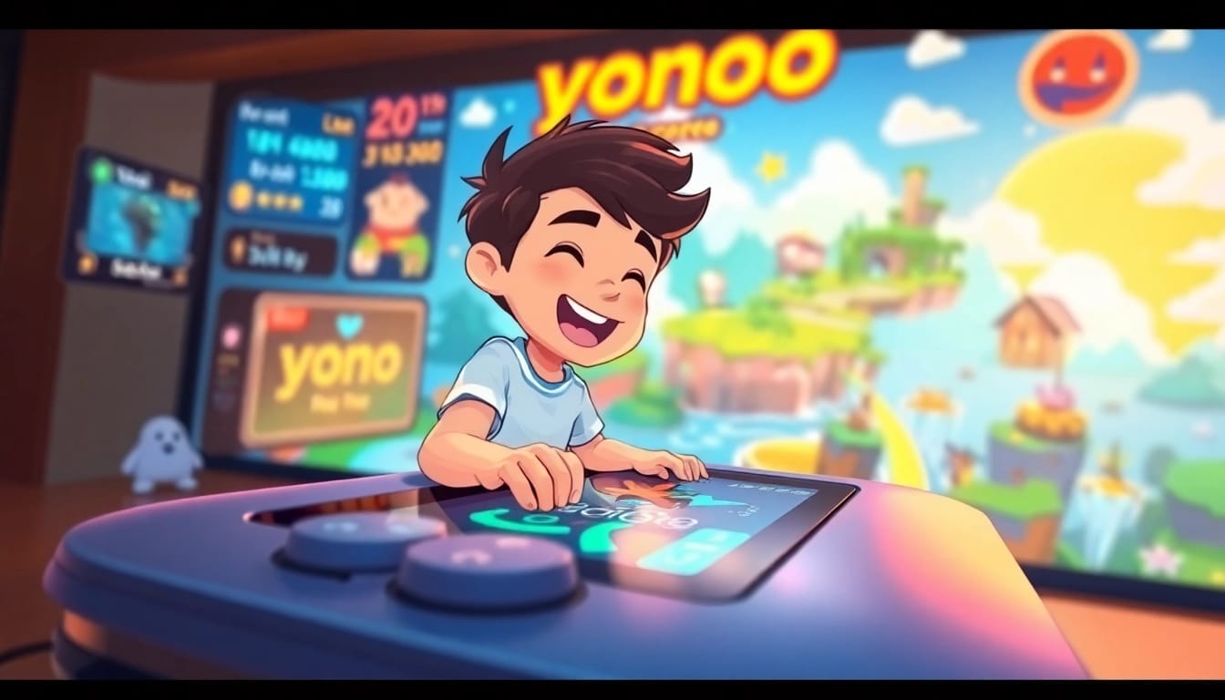 Engage with the thrilling yono game experience through an illustrated character and vibrant digital console.