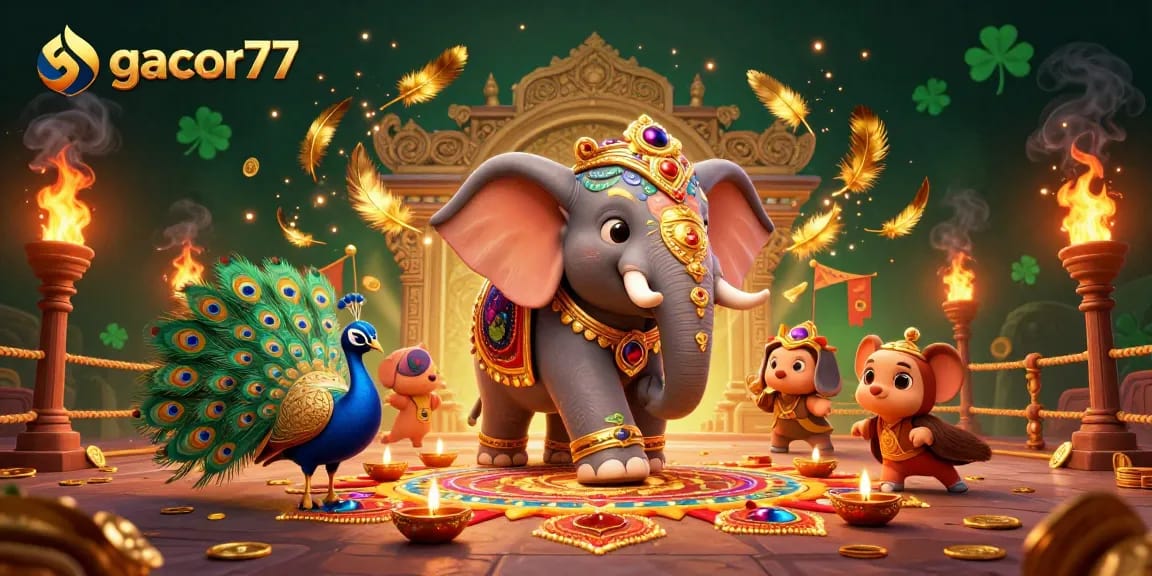 Gacor77 menawarkan pengalaman slot yang menarik dengan gajah hias dan lampu diya di sekitar.