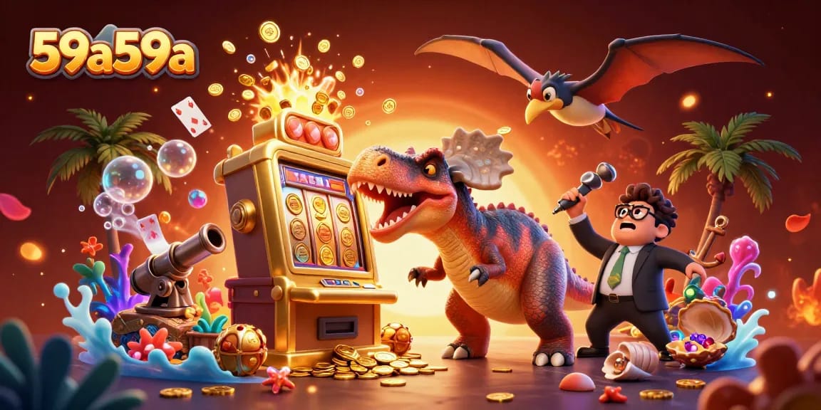59a59a mostre um dinossauro jogando em um caça-níqueis dourado, capturando moedas douradas.