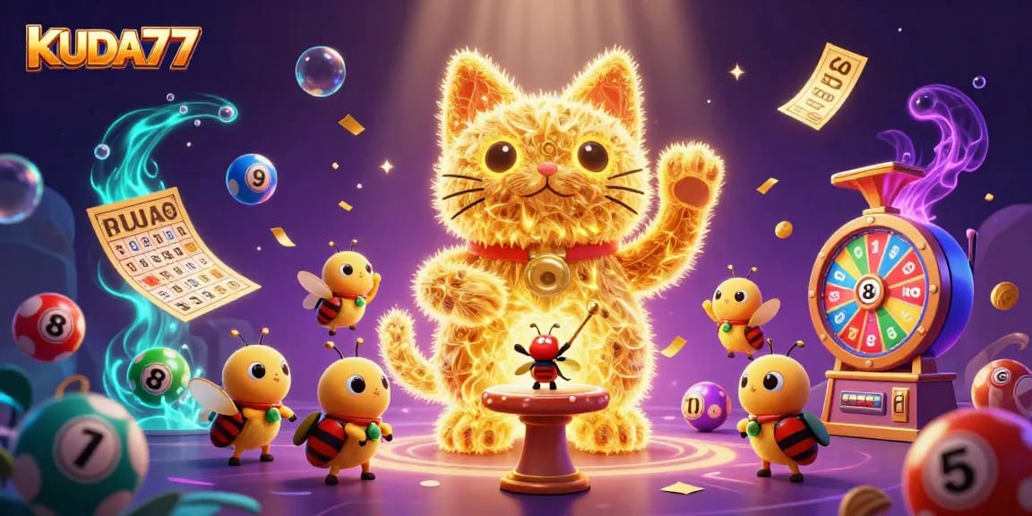 KUDA77 menghadirkan jackpot bertema dengan simbol kasino berwarna-warni dan elemen menarik secara visual.