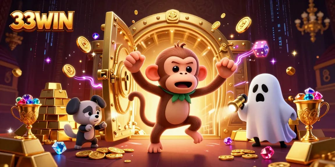 Engage with thrilling 33WIN experiences as a monkey-juggling poltergeist haunts a golden casino.