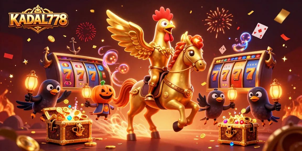 KADAL778 offers a lively casino scene with a golden rooster and festive elements showcasing vibrant slot machines and colors.