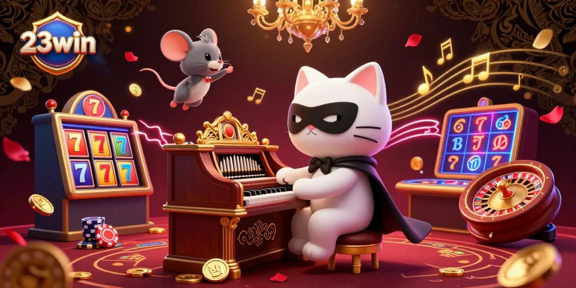 Engage with the vibrant 23win casino experience in a dynamic 3D illustration showcasing exciting gaming elements and characters.