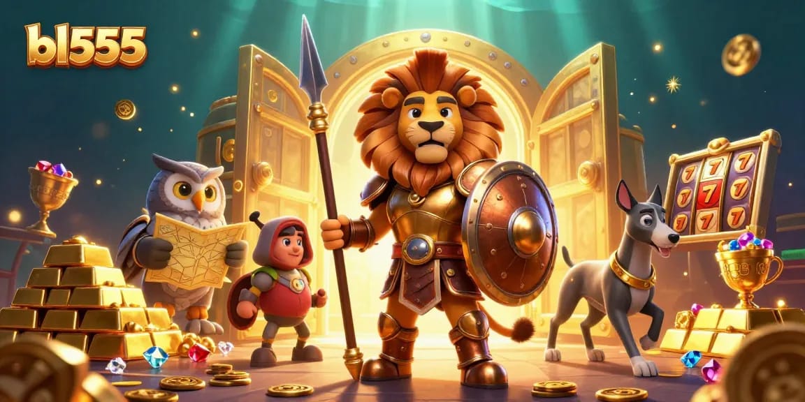 Experience thrilling wins at bl555 with a 3D cartoon Spartan lion and dynamic casino elements.