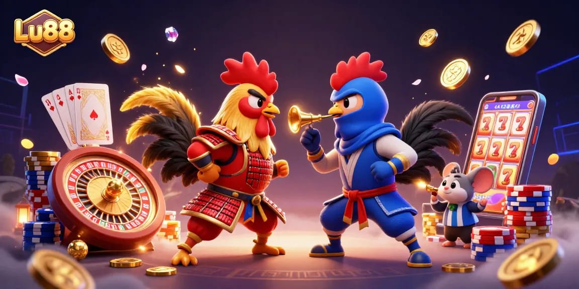 Lu88's exciting standoff with fighting roosters in a vibrant casino atmosphere