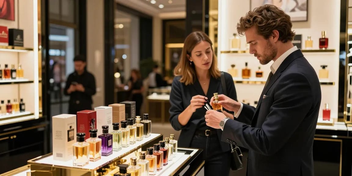 Exploring top fragrances for men in a luxurious urban perfume boutique.