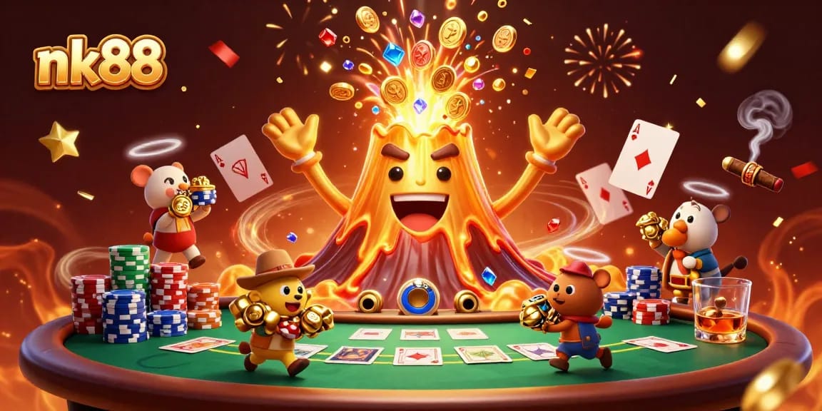 Experience thrilling wins at nk88’s casino with the vibrant eruption of coins and treasures.