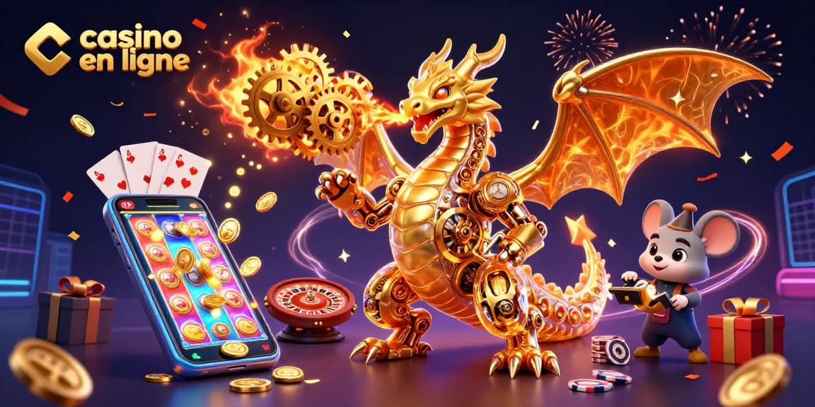 Casino en ligne : dragon doré mécanique entouré de jeux de roulette, cartes et jetons
