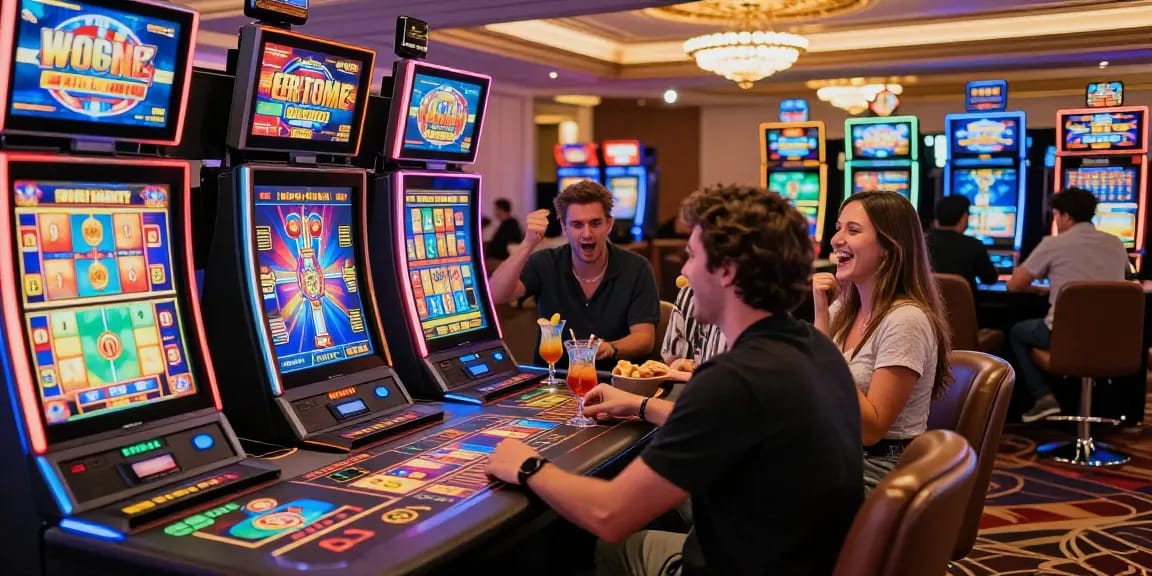 Thrilling atmosphere at a casino that accepts credit cards with happy players enjoying gaming slots and drinks.