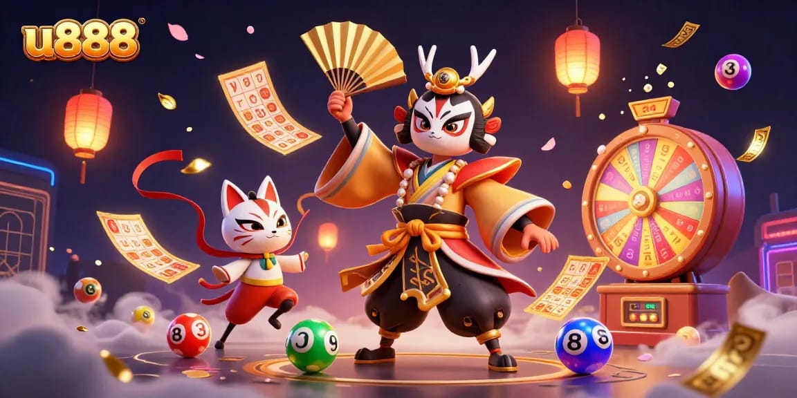 Experience thrilling u888 gaming with a 3D kabuki warrior, lottery, and vibrant casino elements.