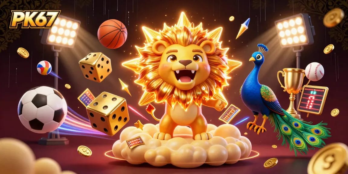 Experience the excitement of PK67 with roaring lion and dynamic sports elements in a vibrant casino scene.