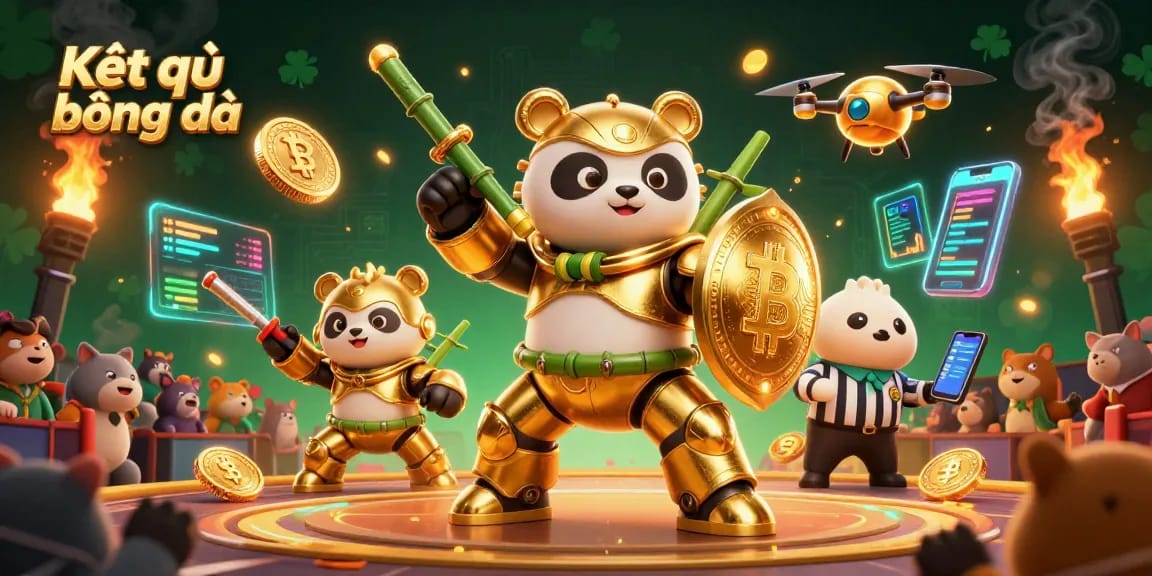 Engage with Kết quả bóng đá while witnessing a golden panda in mech-suit battling in a vibrant online casino arena.