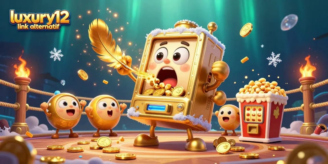 Experience the excitement of luxury12 link alternatif with a joyful slot machine and gold coins pouring out.