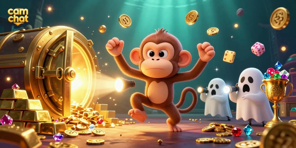 Engage in lively cam chat with an animated monkey and a puppy ghost-hunter in a treasure-filled casino.