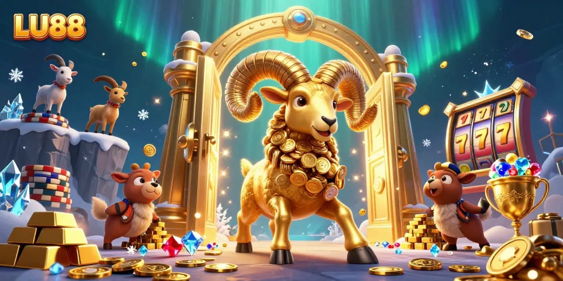 LU88 features an immense golden ram charging through a golden gate, symbolizing fortune and excitement in a casino setting.