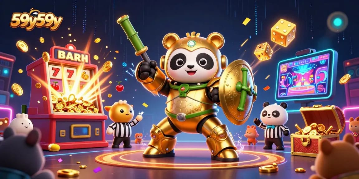 Jogue 59y59y com o panda dourado em batalha no cassino, símbolo de sorte emergindo.
