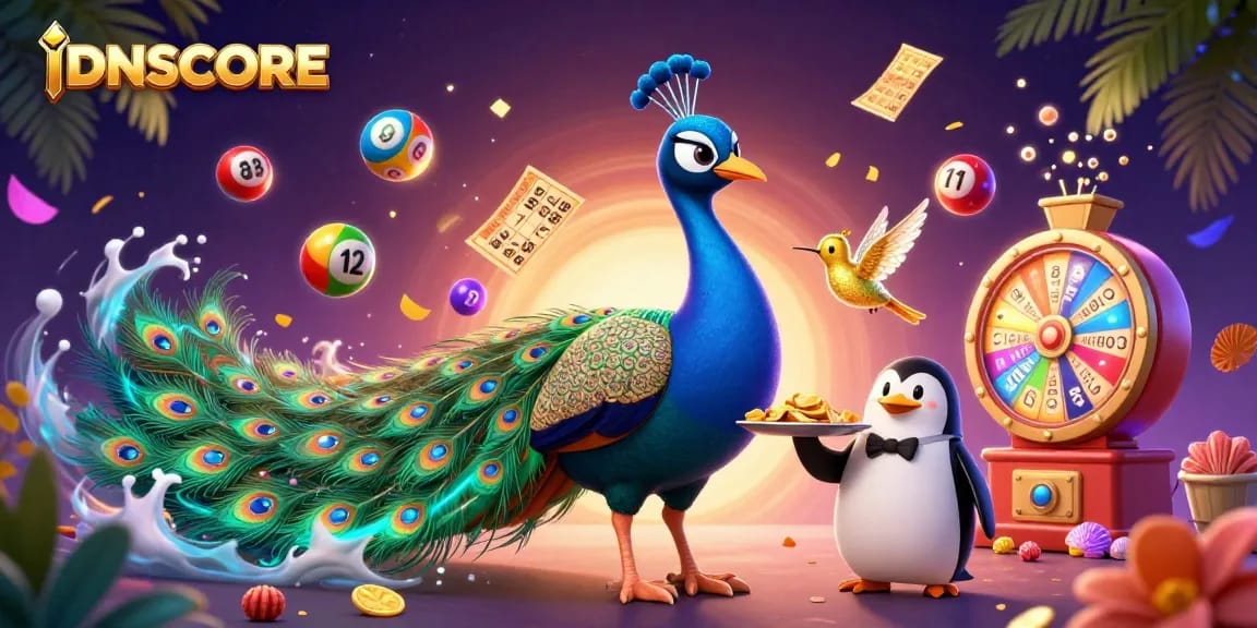 Experience the excitement of IDNSCORE as a luxurious peacock surrounded by vibrant lottery elements and engaging gameplay.