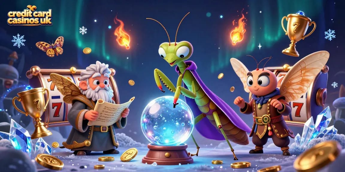 Engage at credit card casinos uk with a vibrant scene of gaming elements and mystical characters.