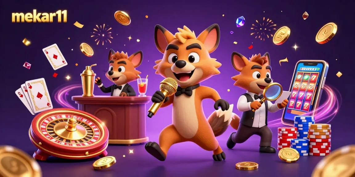 Experience thrilling fun at mekar11 with lively hyenas in a casino scene featuring slot machines and golden chips.