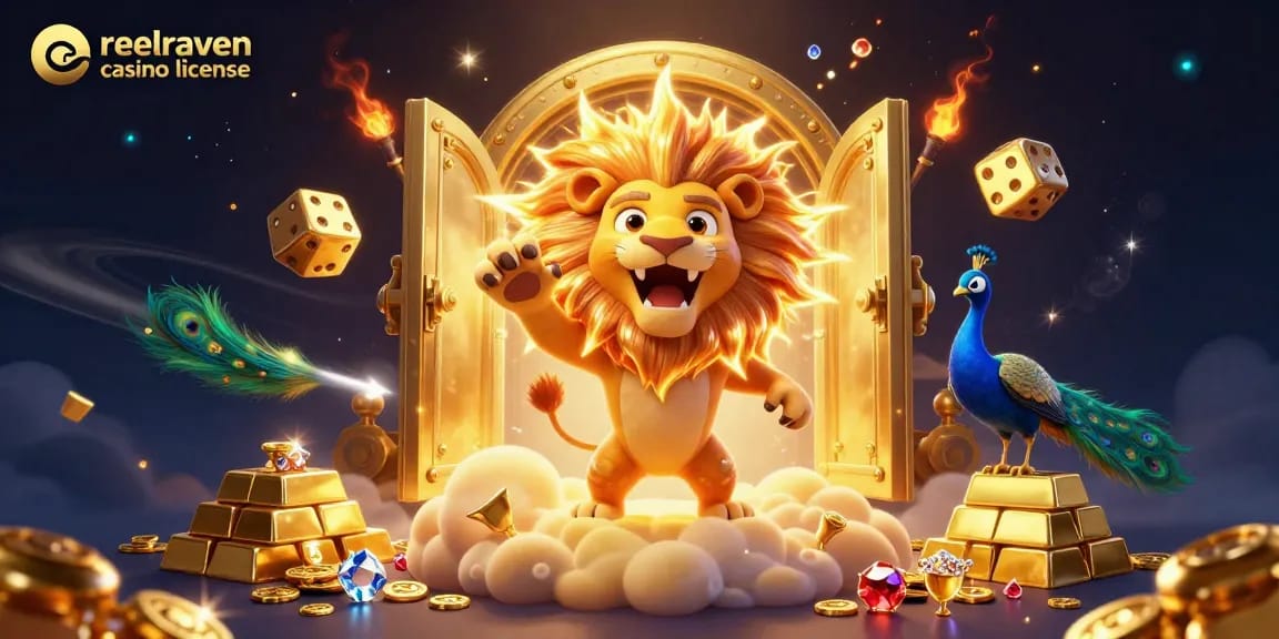 Découvrez la licence de ReelRaven Casino avec un lion 3D et des éléments de jeu colorés.