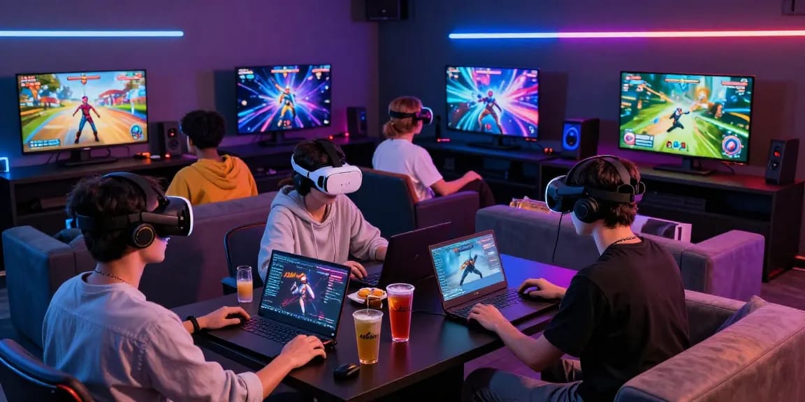 Immersive gaming experience on pakde4d platform, showcasing players in modern lounge.