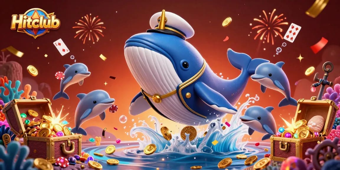 Hitclub brings excitement to life with a vibrant 3D scene featuring a whale, narwhal, and dolphins in a sea of gaming treasures.